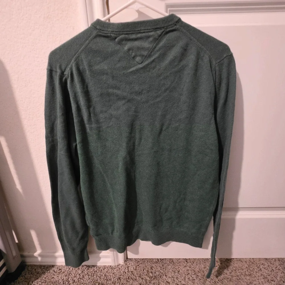 Tommy Hilfiger Mens Green Pima Cotton Cashmere V-Neck Sweater Size M Logo